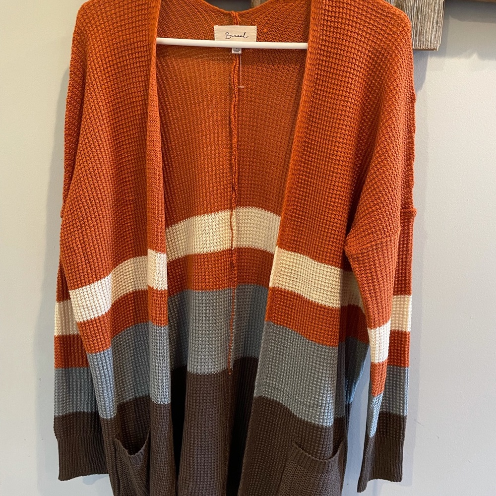 Beceal Orange Brown and Cream long sweater jacket.